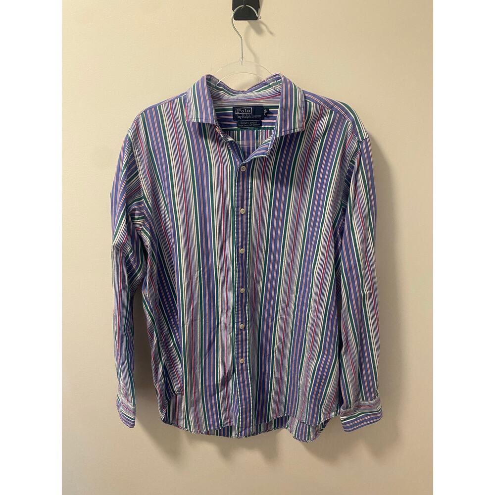 Polo Ralph Lauren Mens Long-Sleeve 2 Ply Cotton Striped Button Up-Size L